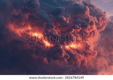 A dramatic cloud formation resembling a monstrous face. Fiery orange-red hues contrast with dark, stormy clouds