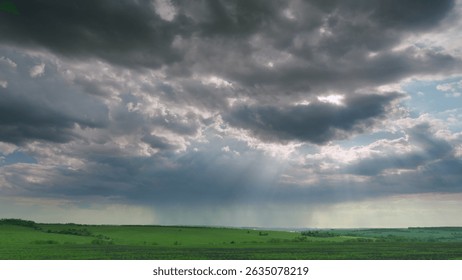 Dramatic Cloud Formation Showcasing a Stunning Vista Over a Lush, Green Landscape Time lapse.