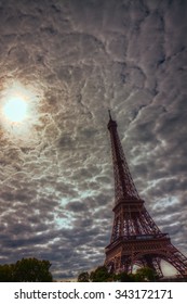Dramatic clouds over Eiffel Tower in Paris, France
