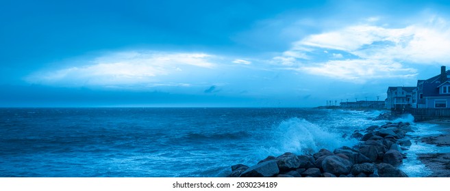 Dramatic Cloudscape Over The Coastal Village On Cape Cod During A Tropical Storm. 