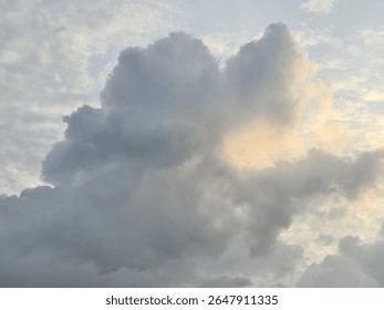 Dramatic cloudscape at sunset, featuring a mix of dark and illuminated clouds, perfect for backgrounds, weather, or natural beauty themes.