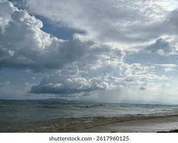 Dramatic Cloudy Sky or Dark storm clouds forming Over Tropical Beach Ocean View and waves. Ideal for moody nature backgrounds, weather concepts, or dramatic seascape themes.