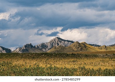 Dramatic cloudy sky hangs over rugged Altai mountains. Below, rolling hills lead to a wide field of green and golden grasses