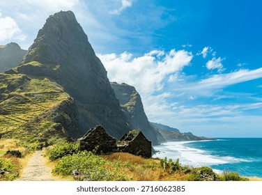 Dramatic Coastal Cliffs and Remote Path on Santo Antão Island, Cape Verde