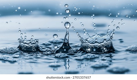dramatic collision of water, creating elegant splash crowns and delicate pillars against a soft, illuminated background, symbolizing purity and motion.