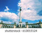 A dramatic color wide angle view of the famous Heroes square or the Millennium monument, the historical attraction, in summer, on sky background. Budapest, Hungary 