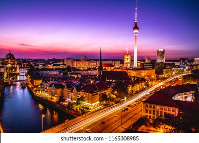 Dramatic colorful Aerial view of Berlin skyline and Spree river in beautiful at sunset in summer, Germany