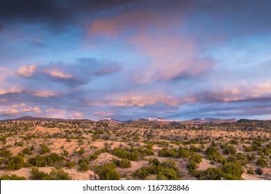 Dramatic Colorful Clouds At Sunset Over The Sangre De Cristo Mountains And Desert Near Santa Fe, New Mexico