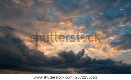 Dramatic Colorful Sunset Sky. Clouds with Sunrays. Cloudscape Nature Background. Panorama sunset sky and cloud background. Dark Clouds, Night Sky. Dark Dramatic Sky, Epic Sunset Clouds.