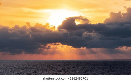 Dramatic Colorful Sunset Sky over Mediterranean Sea. Clouds with Sunrays. Cloudscape Nature Background. - Shutterstock ID 2262492701