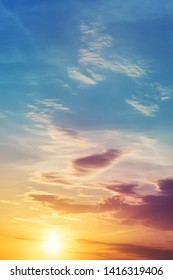 Dramatic Colorful Sunset Or Sunrise Sky Landscape. Natural Beautiful Dawn Background Wallpaper. Twilight Time Cloudscape