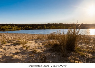 A dramatic and colourful sunset over the Lommelse Sahara (English Lommelse Sahara), a National Park with sand dunes in Belgium with beautiful reflections in the lake of the clouds and natural colours.