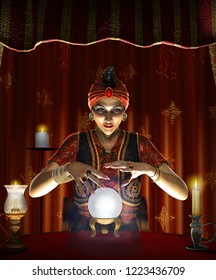 Dramatic Concept Of A Mystic Mystic, Female Gypsy Fortune Teller With A Lighted Crystal Ball In Her Tent, Realistic 3d Render 