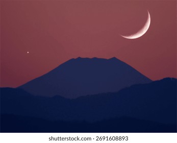 Dramatic crescent moon and Venus conjunction above layered mountain peaks at twilight. Pink to purple gradient sky creates peaceful atmosphere. Ideal for spiritual, astronomical, cultural content