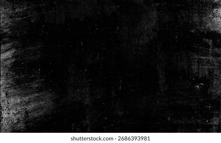 A dramatic, dark, and abstract background texture featuring a black surface heavily overlaid with white dust, scratches, and grain, ideal as a subtle grunge or distressed overlay.