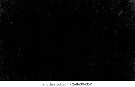 A dramatic, dark, and abstract background texture featuring a black surface heavily overlaid with white dust, scratches, and grain, ideal as a subtle grunge or distressed overlay.