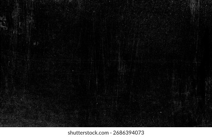 A dramatic, dark, and abstract background texture featuring a black surface heavily overlaid with white dust, scratches, and grain, ideal as a subtle grunge or distressed overlay.