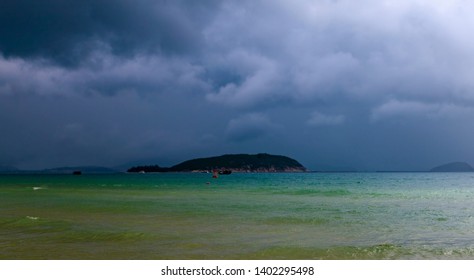 Dramatic dark cloudy sky over sea, natural photo background