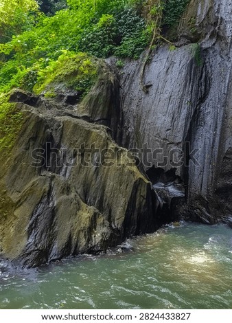 A dramatic dark layered volcanic rock cliff rises from a flowing tropical river, with moss-covered surfaces, hanging roots and dense green jungle vegetation growing along the top edge.