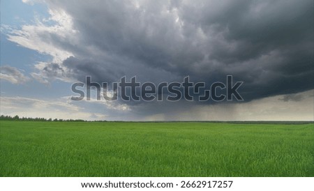 Dramatic and Dark Storm Clouds Gather Over a Lush Green Field Spanning the Horizon