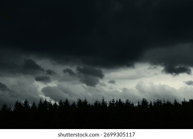 Dramatic dark storm clouds gathering above a dense forest before heavy rainfall. Moody natural landscape.
