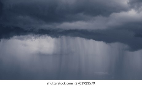 Dramatic dark storm clouds with heavy rain shafts falling. A moody, atmospheric image symbolizing climate change, turmoil, or depression.