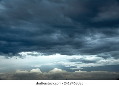 Dramatic dark storm rain clouds black sky background. Dark thunderstorm clouds rainny atmosphere. Meteorology danger windstorm disasters climate. Dark cloudscape storm disaster gloomy gray cloud sky