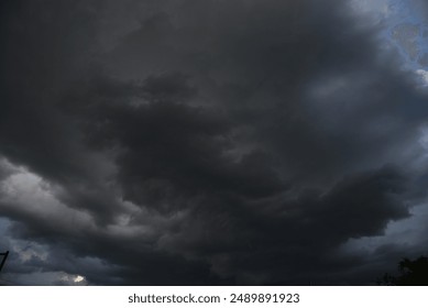 Dramatic dark storm rain clouds black sky background. Dark thunderstorm clouds rainny atmosphere. Meteorology danger windstorm disasters climate. Dark cloudscape storm disaster gloomy gray cloud sky