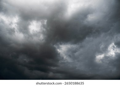 Dramatic dark storm thundercloud rain clouds on black sky background. Dark thunderstorm clouds rainny landscape. Meteorology danger windstorm disaster climate. Dark cloudscape storm disaster gray sky