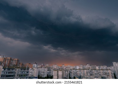 Dramatic Dark Stormy Sky Over Modern City Residential District.