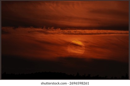 ​A dramatic, deep orange and red sunset or moonrise obscured by wispy, textured clouds.The large, glowing moon is framed by dark cirrus clouds above a silhouetted forest line.
