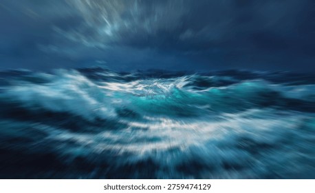 A dramatic depiction of rough ocean waves crashing under a dark, stormy sky, conveying a sense of power and nature's fury.