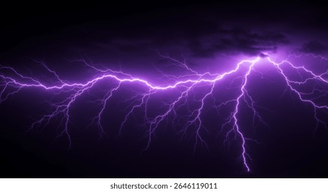 A dramatic display of intense purple lightning bolts flashing across a dark stormy sky. Powerful electric energy captured in high detail, with a surreal glowing atmosphere.