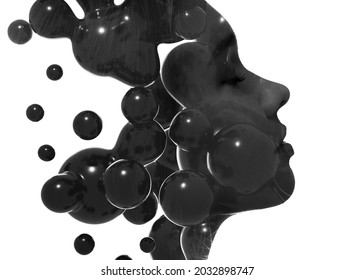 Dramatic double exposure portrait of a young woman combined with an abstract fluid shape