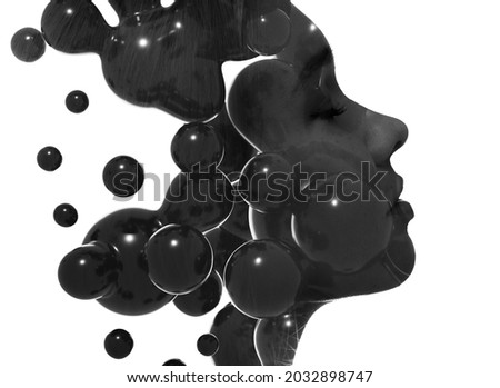 Dramatic double exposure portrait of a young woman combined with an abstract fluid shape