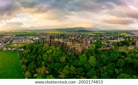 Dramatic drone aerial view of the Stirling Castle during the sunset, Scottland