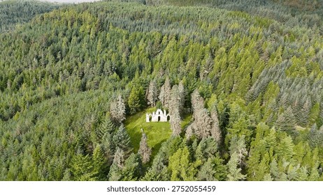Dramatic Drone Perspective of Creag Ruadh Historical Monument, Secluded Scottish Wilderness Site Surrounded by Ancient Woodland, Fyrish Estate, Ross-shire, United Kingdom.