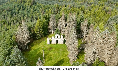Dramatic Drone Perspective of Creag Ruadh Historical Monument, Secluded Scottish Wilderness Site Surrounded by Ancient Woodland, Fyrish Estate, Ross-shire, United Kingdom.