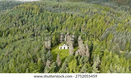 Dramatic Drone Perspective of Creag Ruadh Historical Monument, Secluded Scottish Wilderness Site Surrounded by Ancient Woodland, Fyrish Estate, Ross-shire, United Kingdom.