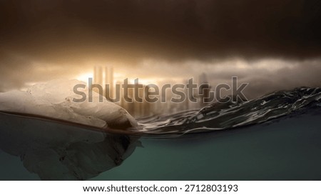 Dramatic effects of climate change with a flooded city skyline blurred in the background under a stormy sky, conveying a sense of impending doom and environmental crisis. Concept of Global Warming