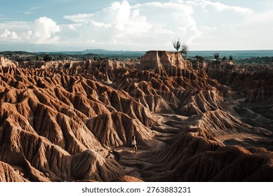 Dramatic eroded red rock formations and canyons of the Tatacoa Desert in Huila, Colombia, with a lone figure providing scale against the immense otherworldly landscape.