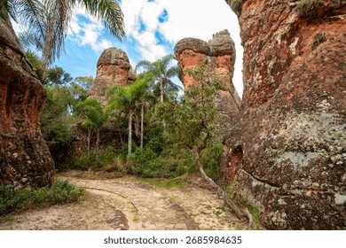 Dramatic eroded sandstone pinnacles rise from the brush, a spectacular geological monument in Vila Velha State Park, Itaiacoca, Ponta Grosa Brazil.