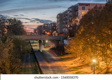 A Dramatic Fall Sunset In The Uptown Neighborhood Of South Minneapolis Over The Greenway Bicycle Path