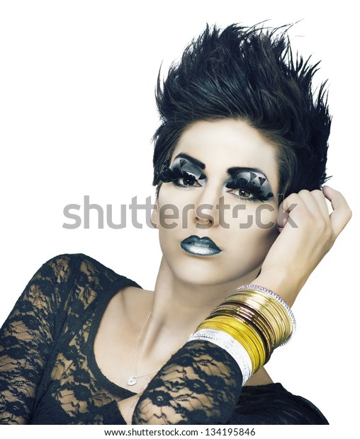 Dramatic Fantasy Futuristic Makeup Styling On Stock Image