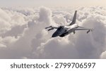Dramatic fighter jet flies above dense clouds armed with missiles, conveying speed, power and precision; 3d Rendering.