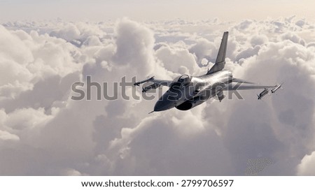 Dramatic fighter jet flies above dense clouds armed with missiles, conveying speed, power and precision; 3d Rendering.
