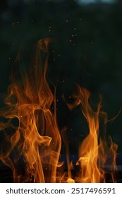 Dramatic Fire Flames with Flying Embers Against Dark Background