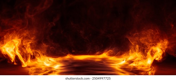 Dramatic fire and smoke effect glowing red and yellow colors exploding outwards with center space. Vivid and hot hell abstract or blazing fire background or wallpaper