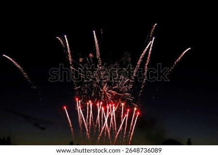 Dramatic fireworks display with intense red, orange, and purple bursts against a pitch-black night sky. Captures the chaotic beauty of celebratory moments with sharp, luminous trails.