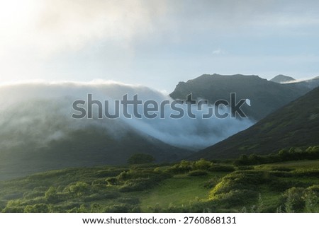 Dramatic fog and low clouds moving through lush green mountains in the wild nature of Kamchatka, Russia. Scenic remote wilderness landscape with untouched alpine terrain.